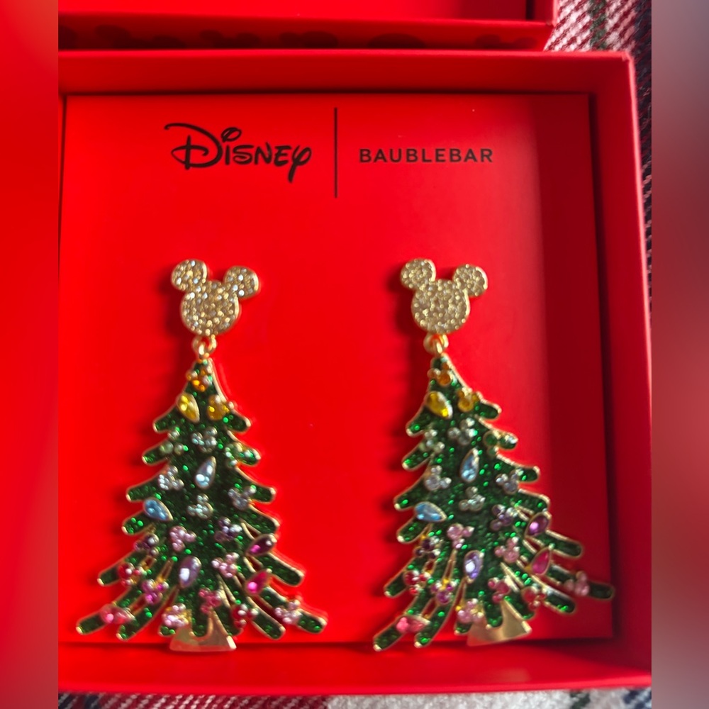 Disney Baublebar Mickey Christmas Tree Dangle Drop Sparkly Earrings New in Box